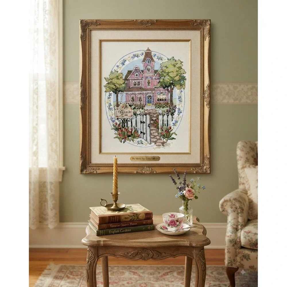 Handmade Victoria Inn Cross Stitch Pink Victorian House Wall Art 14x11 Unframed